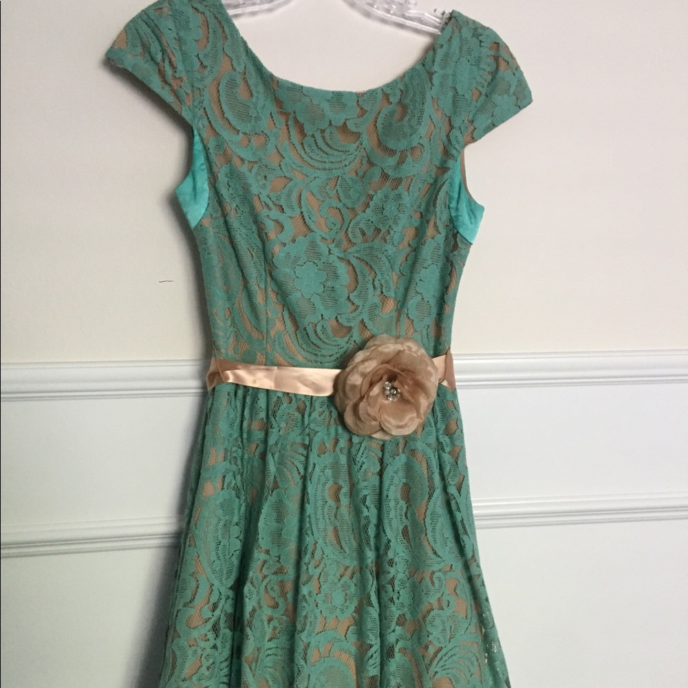 Teal Lace Semi-Formal Dress - Jeweled Flower Belt